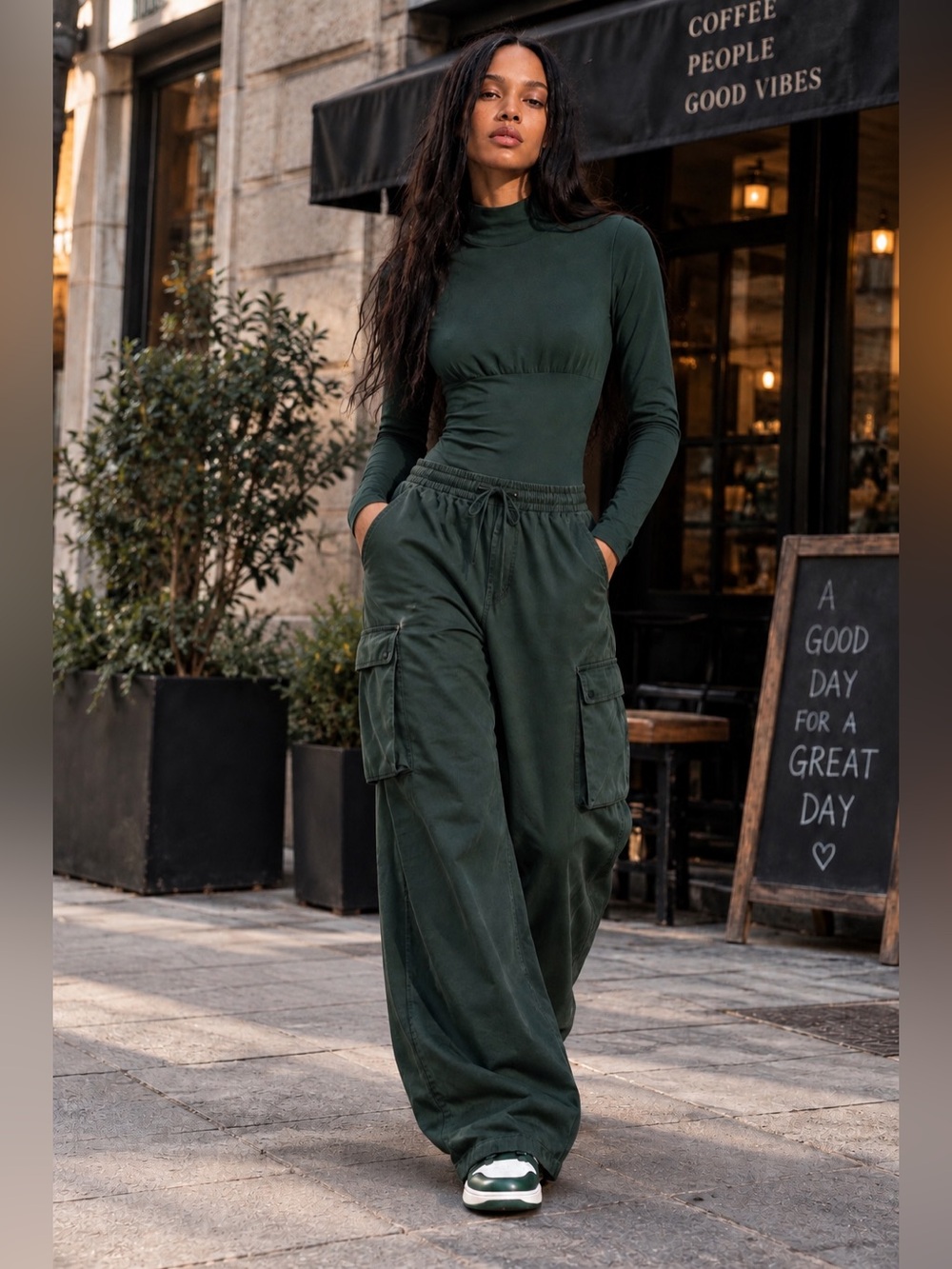 Long-Sleeve Mock Neck Bodysuit in Forest Green